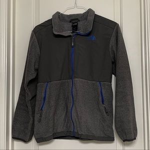 Grey and blue North Face jacket